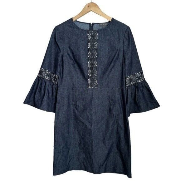 The Limited Denim Shift Dress 3/4 Bell Sleeve Womens Sz 8 Blue Crochet Lace Trim - Picture 9 of 9